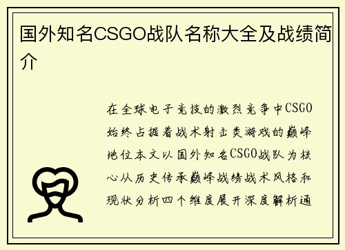 国外知名CSGO战队名称大全及战绩简介